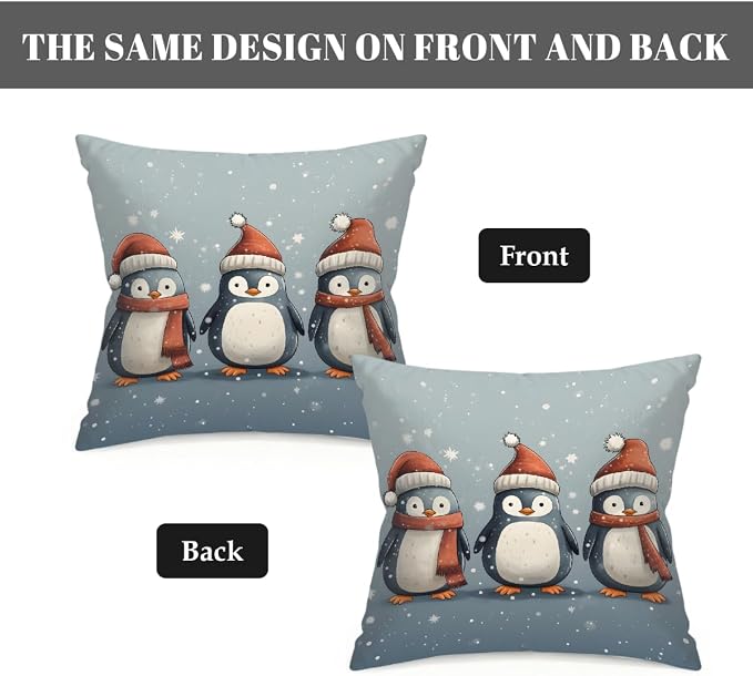 22x22 Inch Outdoor Pillow Covers Set of 2 Waterproof Throw Pillow Covers Decorative Couch Cushion Covers Christmas Penguin Square Pillowcases Protectors for Patio Garden Sofa