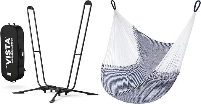 Handwoven Hammock & Charcoal Vista Stand by Yellow Leaf Hammocks - Hanging Chair, Fits 1 Person, 330lb max - Weathersafe, Easy to Hang & Setup, Ultra Soft, Artisan Made - Hammock Color: Navy Blue & W