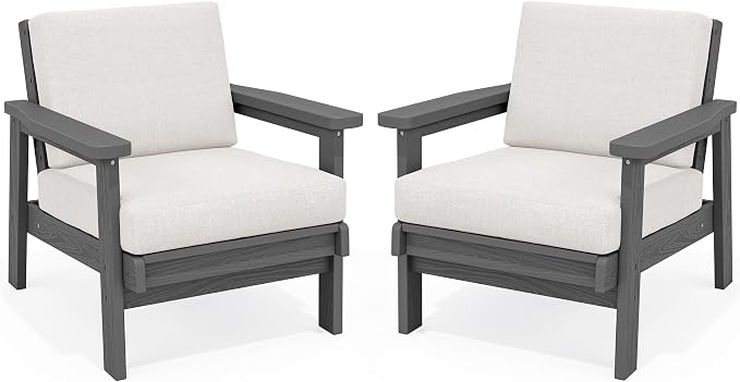 SERWALL HDPE Outdoor Couch Set of 2, All-Weather Wood-Like Patio Furniture Set, Outdoor Sofa Chairs with Khaki Cushions