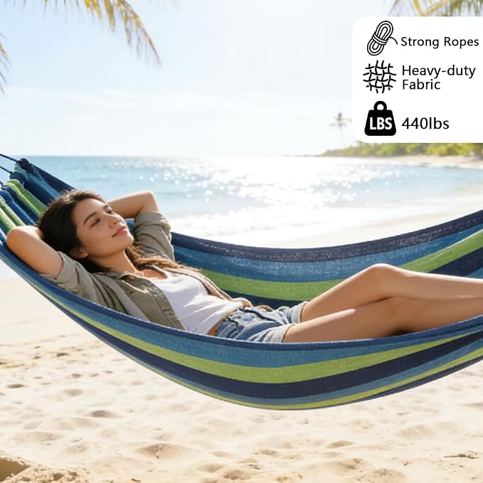 Cotton Canvas Hammock with Tree Straps - Portable Hammock for Outdoor Indoor Patio Backyard, Camping Hammock with Carry Bag, 440lbs Capacity, Without Stand(Blue, Without bar)