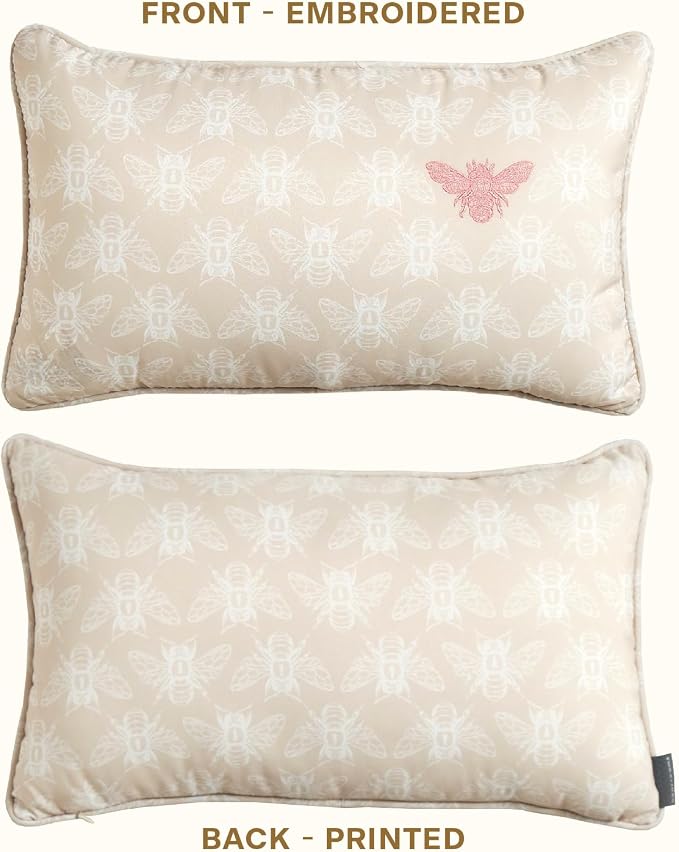 Honeycomb Indoor/Outdoor Lumbar Pillow for Patio Furniture, 20 x 12 | Chamomile Beige Embroidered Bumble Bee Throw Pillow, Water & Fade Resistant for Patio Furniture Set