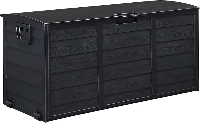 75 Gal Storage Bin Extra-Deep Weatherproof with 2 Wheels & Lock Hasp - 44"W Large Capacity Box for Garden Equipment, Cushions, Outdoor Toys | Durable Black Polypropylene Construction, Padlock Not Inc