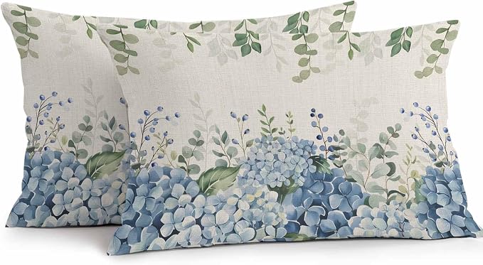 Hydrangea Flower Outdoor Throw Pillow Covers Waterproof Eucalyptus Pillow Cases 16x16in,Green Leaf Retro Linen Decorative Boho Pillow Covers Cushion Cases for Couch Sofa Patio Garden 2 Pack