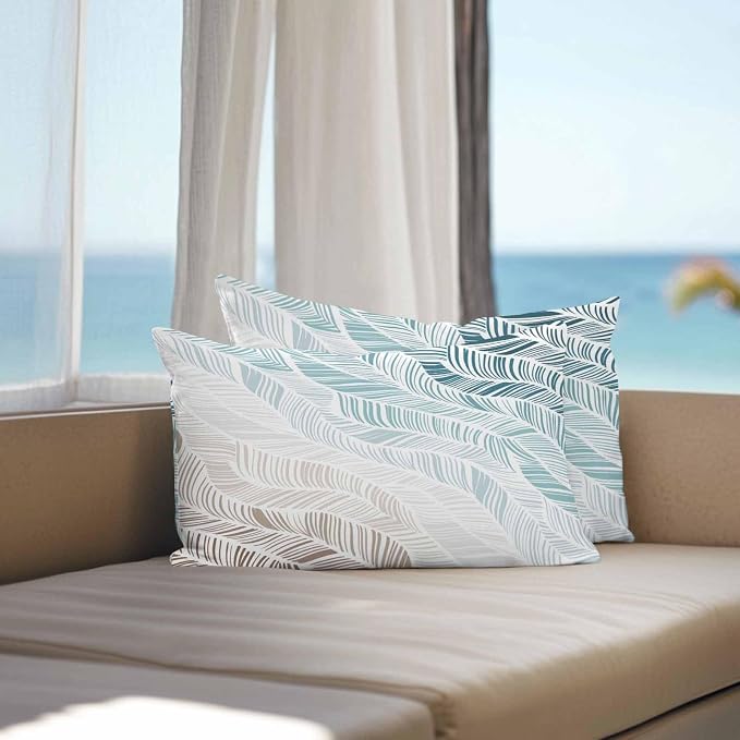 Vandarllin Outdoor Throw Pillows Covers 20x12 inch Set of 2 Waterproof Summer Beach Decorative Zippered Cushion Covers for Patio Furniture, Ombre Blue Abstract Leaf Lines Lumbar Pillowcases
