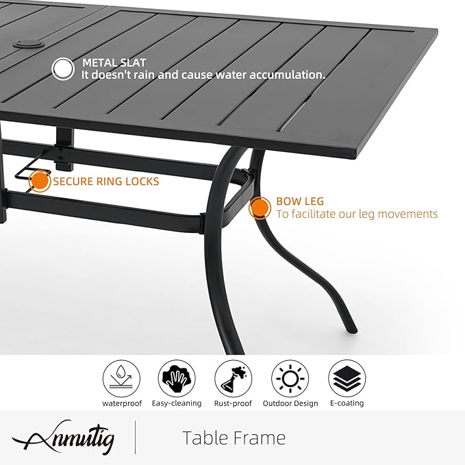 Anmutig 7-Piece Outdoor Patio Dining Set, 6 Stackable Patio Chairs & Rectangular Dining Table with All Weather Frame Furniture Set - 63" x 38" Gray