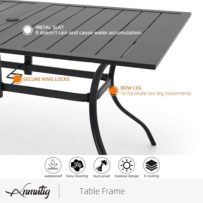 Patio 63"x38"x28" Table and Navy Blue Swivel Chairs Dining Set for 6 Person | 6 Piece Swivel Chairs: High Back, Retro Armrest, Textilene Fabric, Rocking; 63"x38"x28" Metal Rectangle Table, All Weather