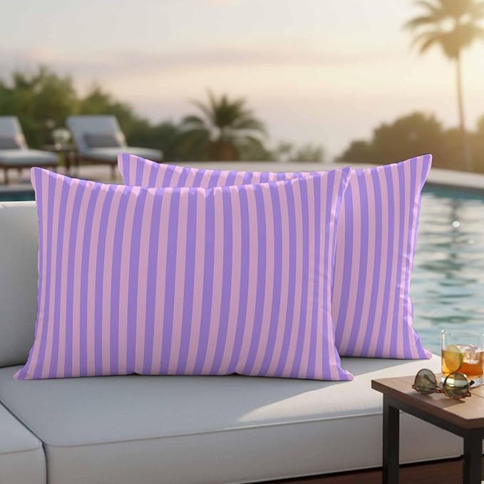 Lumbar Pillow Covers 20x12 Inch Set of 2, Purple Pink Waterproof Outdoor Cushion Covers, Geometric Vertical Striped Solid Rainbow Decorative Pillowcases for Couch, Sofa, Bed, Garden, Patio