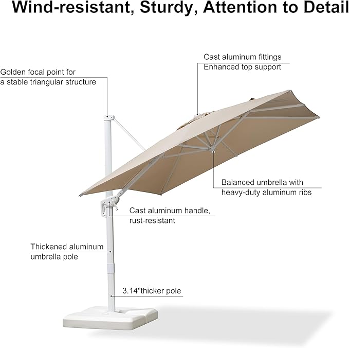 PURPLE LEAF 8 FT Patio Umbrella With Base White Cantilever Umbrella Square Outdoor Offset Umbrella Windproof with 360° Rotation for Garden Deck Pool, Beige