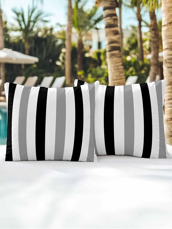 Outdoor Pillows Waterproof, Black Gray Striped Bedding Throw Pillows with Insert for Couch Sofa Bed, Farmhouse Stripe Art 18x18 Inch Pillowcases Decorative Camping Patio Pillow Set of 2