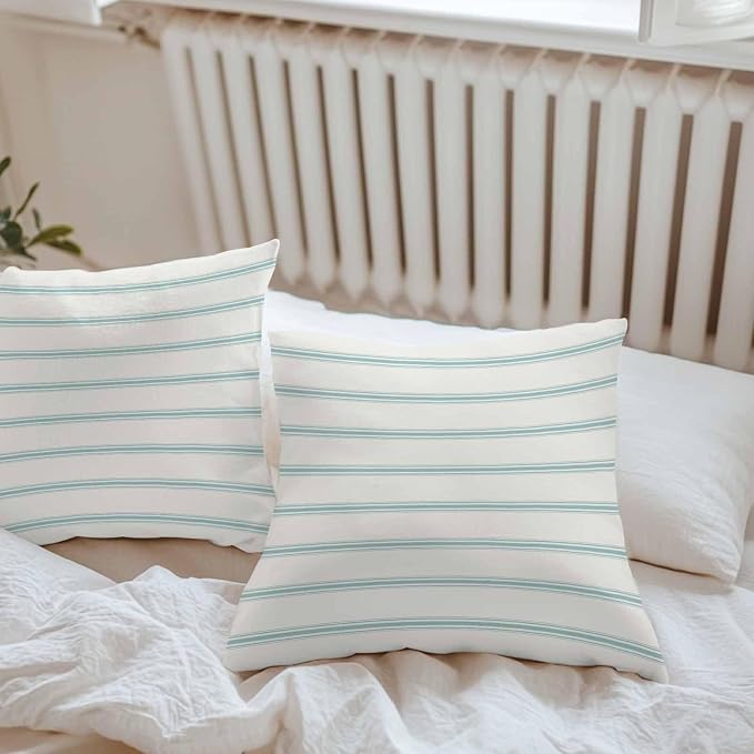 Vandarllin Outdoor Throw Pillows Covers 24x24 inch Set of 2 Waterproof Teal Blue Stripes Decorative Zippered Cushion Covers for Patio Furniture, Abstract Lines Striped Lumbar Pillowcases
