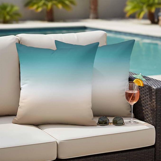 Outdoor Pillow Covers Set of 2, Teal to Khaki Gradient Art Decorative Throw Pillow Covers 16X16IN, Turquoise Watercolor Style Throw Pillows Protector Cushion Case for Patio,Couch,Sofa,Garden