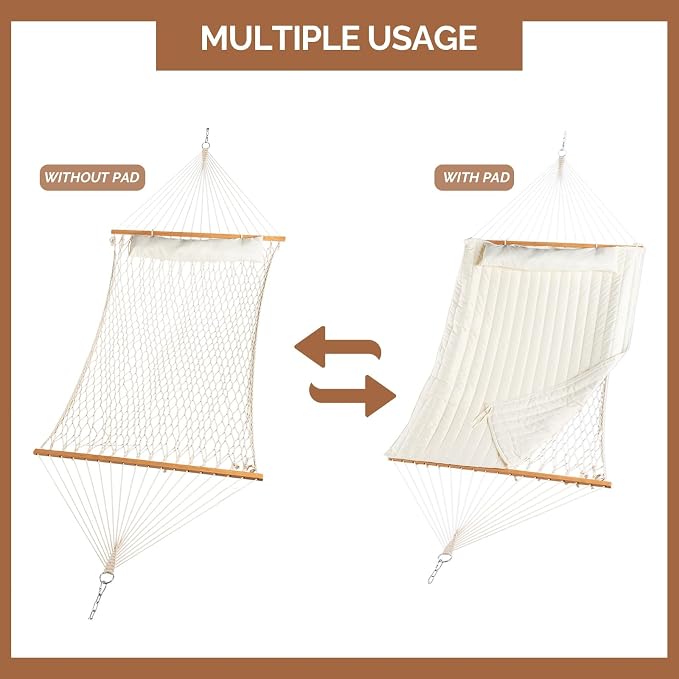 Double-Layer Hammock with Stand, 440 lb Capacity, Beige | Anti-Rust Steel Frame, Adjustable Steel Chains, 195 x 140 cm Bed, Anti-Tip Design, Indoor & Outdoor Use