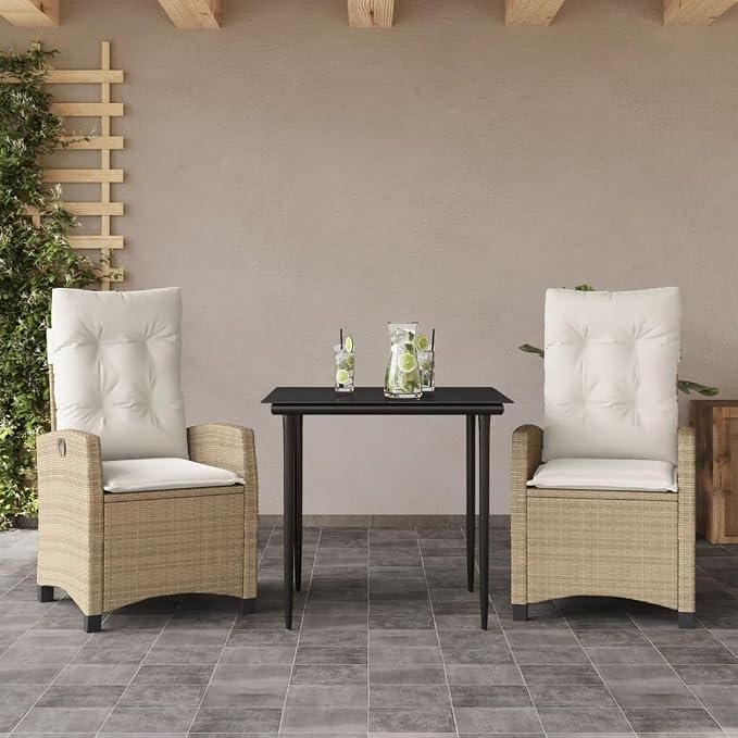 3 Piece Garden Dining Set with Adjustable Reclining Chairs and Washable Cushion Covers for Patio Balcony Outdoor Relaxation