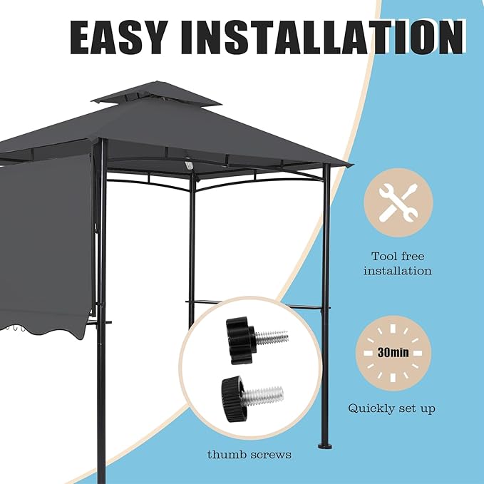 FAB BASED 5x8 Grill Gazebo with Extra Awning, All-Weather Steel Construction, Double Tiered & Resistant Canopy Roof, Metal Serving Shelves, 2 LED, Bottle Opener for Patio, Backyard, BBQ (Dark Gray)