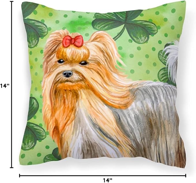 Caroline's Treasures BB9859PW1414 Yorkshire Terrier St Patrick's Fabric Decorative Pillow, Green Machine Washable, Indoor Outdoor Decorative Pillow for Couch, Bed or Patio, 14Hx14W