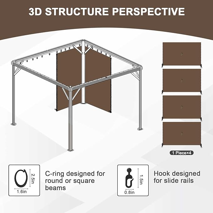 Aoodor 12x14 ft Outdoor Gazebo Curtains, 4 Panels Waterproof Privacy Sidewall Replacement with Zipper for Patio Pergola and Canopy, Brown