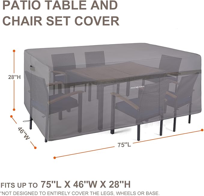 Outdoor Rectangle Table Cover 75 inch Long Grey Rectangular Patio Furniture Covers Fit for Outdoor Table Set 5-6 Chairs 28'' Height Waterproof, Windproof, Ripproof, Snowproof Outdoor Dining Set Cover