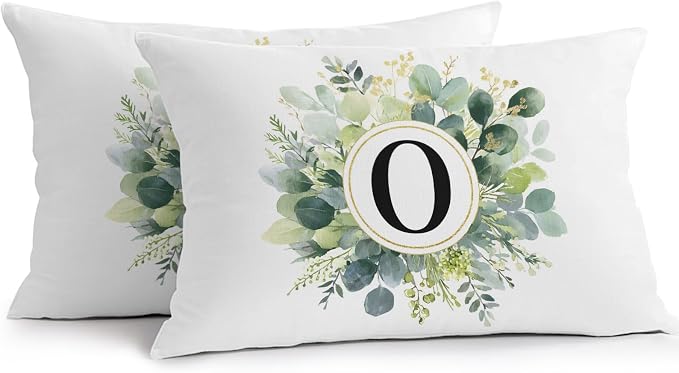 Letter O Waterproof Outdoor Pillow Covers Set of 2 Home Decor, Alphabet Green Eucalyptus Leaves Lumbar Pillowcase Patio Pillow Covers for Couch Bench Patio Furniture Garden 20x12in