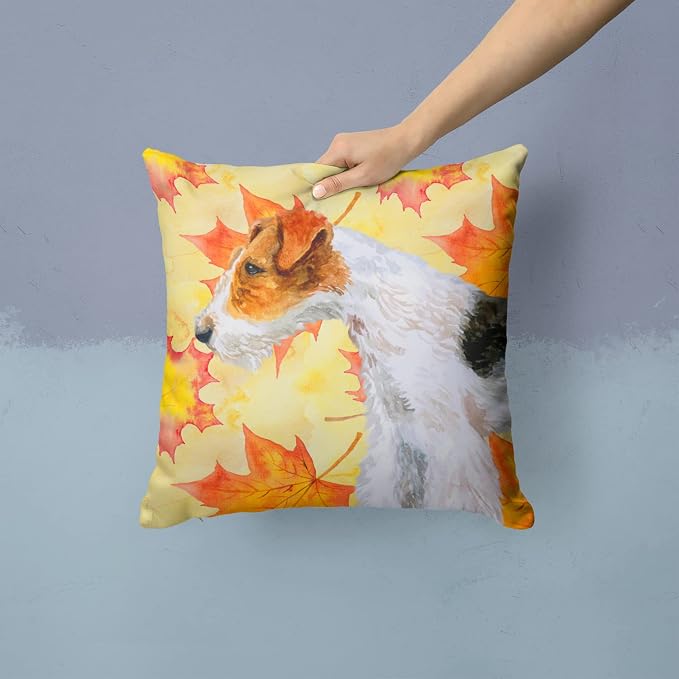 Caroline's Treasures BB9911PW1414 Fox Terrier Fall Fabric Decorative Pillow, Yellow Machine Washable, Indoor Outdoor Decorative Pillow for Couch, Bed or Patio, 14Hx14W