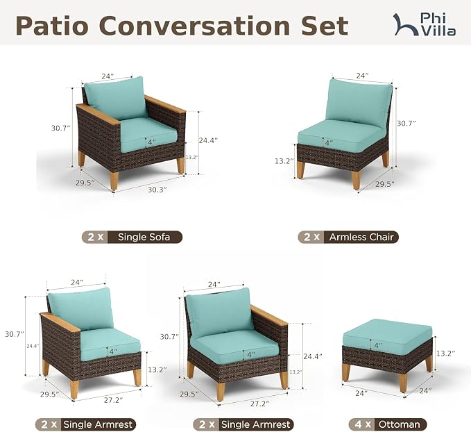 PHI VILLA 12-Piece Outdoor Sectional Wicker Furniture Set, Large Rattan Patio Conversation Set for 12 Seats with Cushioned 2 x Single Sofa, 4 x Armrest Chair, 4 x Ottoman and 2 x Armless Chair, Blue