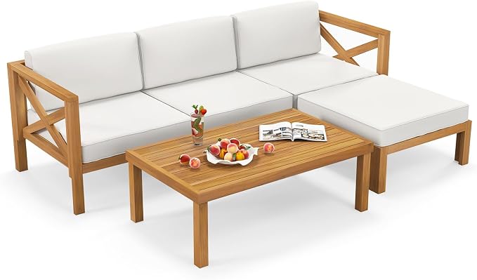 Tangkula 5 Piece Outdoor Conversation Furniture Set, Acacia Wood Sectional Sofa Set with 3 Chairs, 1 Ottoman & 1 Coffee Table, Patio Cushioned Sofa Set for Porch, Yard, Poolside (Off White)