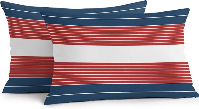 Navy Blue Red Stripe Outdoor Pillow Covers Waterproof, All Weather Cushion Case Set of 2, Modern Art Horizontal Striped Lumbar Pillowcase for Sofa Couch Bed Decor Patio Furniture 20"x12"