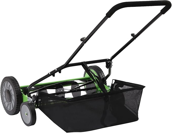 20in Manual Lawn Mower, 5-Blade Push Reel Lawn Mower Adjustable Cutting Height with Removable Grass Catcher, 4-Wheels