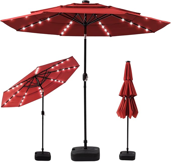 COSIEST 10FT 3 Tiers Patio Umbrella with Solar Lights, LED Outdoor Umbrellas with 8 Sturdy Ribs, Market Patio Table Umbrella with Push Button Tilt, Pool Umbrellas for Garden, Pool, Backyard