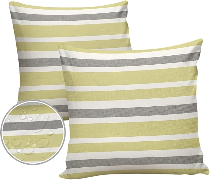 ALAGEO Outdoor Waterproof Pillow Covers for Patio Furniture Yellow Grey Stripes Decorative Throw Pillow Cover Farmhouse Stripe Gray Pillowcases Set of 2 Cushion Case for Sofa Couch Chair 26x26 in