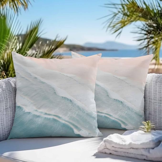 Watercolor Blue White Wave Ripple Ocean Beach Outdoor Pillow Covers Set of 2,Decorative Waterproof Throw Pillow Case, Coastal Landscape Cotton Linen Soft Cozy Cushion Pillowcases