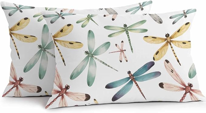 Dragonfly Outdoor Pillow Covers 20x12 Inch Lumbar Pillow Covers Set of 2 Waterproof Decorative Throw Pillow Cases Watercolor Colorful Nature Painting Art Cushion Covers for Patio Furniture Garden
