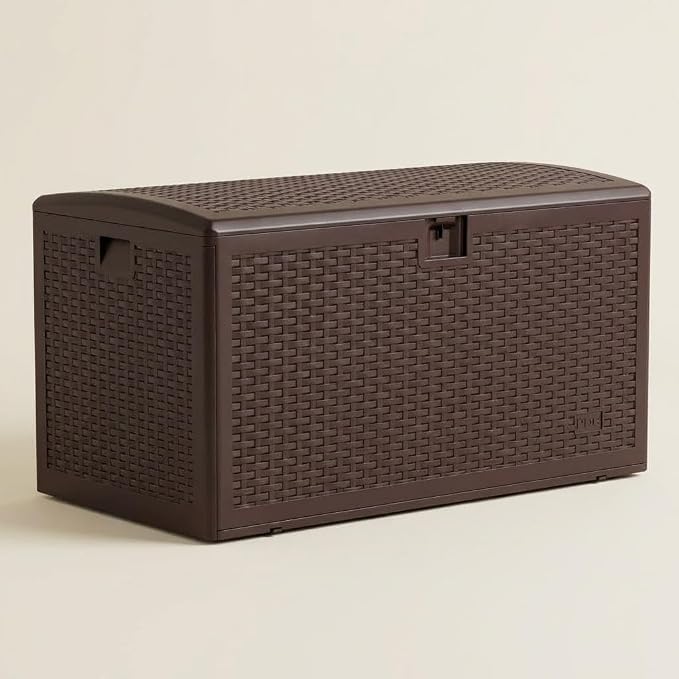 73 Gallon Large Resin Deck Storage Box, Weatherproof Lockable Outdoor Organizer with Woven Strap Design, Durable HDPE Chest for Patio Garden Tools, Pool Toys, Furniture Cushions
