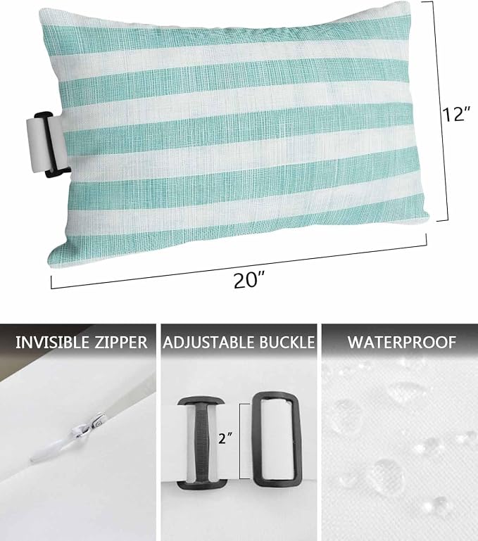 Pack of 4 Outdoor Lumbar Pillow Covers 12x20 Inch, Aqua Striped Waterproof Throw Pillow Covers Set, Rustic Farmhouse Stripes Indoor&Outdoor Decorative Cushion Cases for Patio Porch Beach