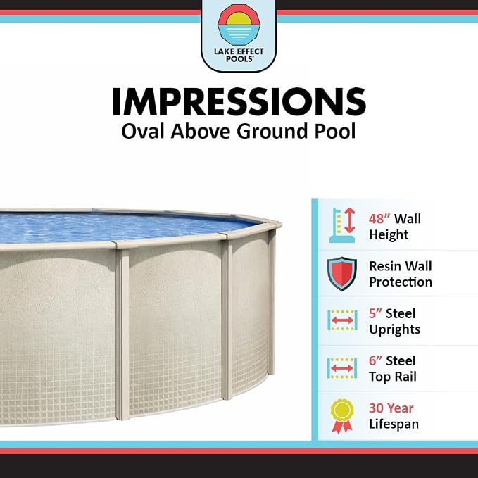 Lake Effect Pools 'Impressions' 18 ft x 33 ft Oval Above Ground Swimming Pool Bundle | 48 Inch Height | Steel Sided Walls | Kit Includes: 25 Gauge Liner, A-Frame Ladder, Sand Filter/Pump, & Skimmer