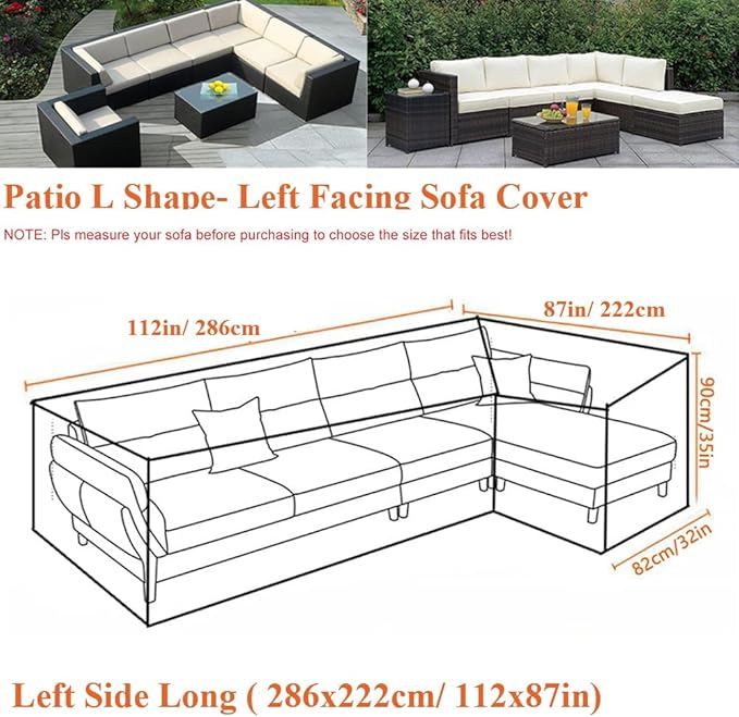 Patio Furniture Sectional Couch Sofa Cover Gray Weatherproof Heavy Duty 420D Oxford Outdoor L Shaped Sectional Garden Rattan Corner Sofa Furniture Protector Covers (Left Side Long: 112x87in)