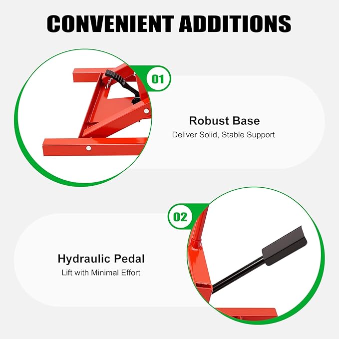 Lawn Mower Lift, Hydraulic Cylinder Lift Jack, 500lbs Capacity, 23-48in Adjustable Wheel Span Distance, 17.5-24in Lift Height, for Garden Tractors, Lawn Mowers, All-Terrain Vehicles, Red+ Black