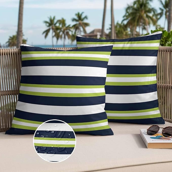 Green and Outdoor Waterproof Throw Pillow Covers Set of 2, 18"x18", Dark Blue Stripes Minimalist Abstract Striped Decorative Pillow Covers Outside Cushion Case for Patio Porch Garden