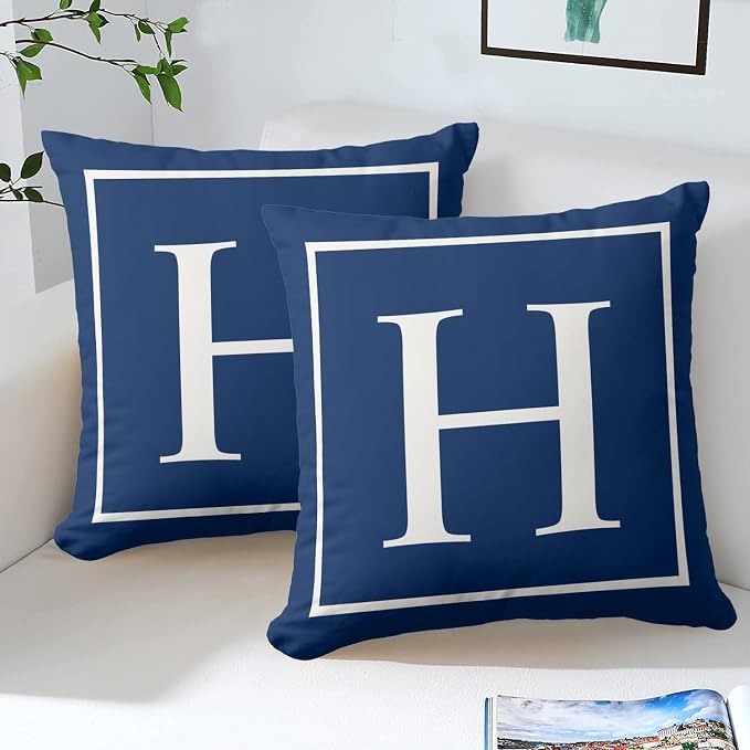 Monogram Initial Elegant Classy Blue Outdoor Pillow Covers 16 x 16inches Decorative Pillow Case for Sofa Couch Bed (Pillow Insert Not Include)