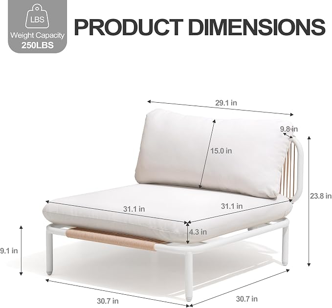 Patio Furniture Set, Outdoor Patio Furniture Oversized Metal Single Sofa, 4-seat Conversation Set with Cushion for Indoor and Outdoor, White Frame and Beige Mat, （4Seats 4 Armrests）
