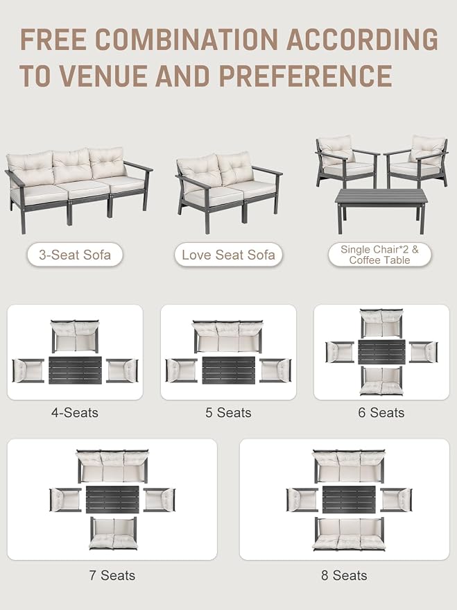 HDPE Patio Conversation Set 4 Seats, Outdoor Furniture Set, Patio Sofa Set | Water-Resistant Thick Cushion, HDPE All Weather, Wood-Grain, No Rot or Rust or Crack, UV Fade Shield, Easy-Clean for Outside