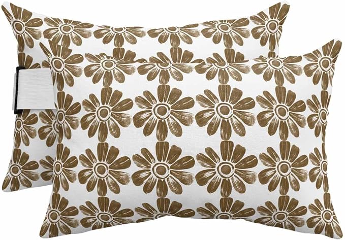 Pack of 2 Outdoor Lumbar Cushions with Inserts, Retro Ethnic Flower Watercolor Pattern Waterproof Fluffy Fade Body Pillows, Patio Furniture Pillow for Home Balcony Garden Decor 12x20IN
