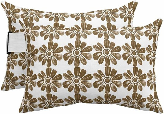 Pack of 2 Outdoor Lumbar Cushions with Inserts, Retro Ethnic Flower Watercolor Pattern Waterproof Fluffy Fade Body Pillows, Patio Furniture Pillow for Home Balcony Garden Decor 11x16IN