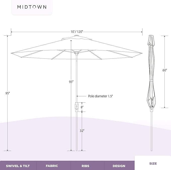 Midtown Umbrellas Wooden 2-8 Ft Patio Umbrella with 360° Swivel & Tilt Mechanism, 8 Fiberglass Ribs & Sunbrella Fabric - Outdoor Umbrella for Deck, Pool & Garden - Burgundy Canopy, Wooden Pole