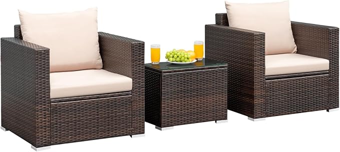 COSTWAY 3-Piece Patio Furniture Set, Outdoor Wicker Rattan Sofa with Cushions and Coffee Table with Tempered Glass, Modern Conversation Chair Set for Poolside Backyard Balcony Lawn (Beige)