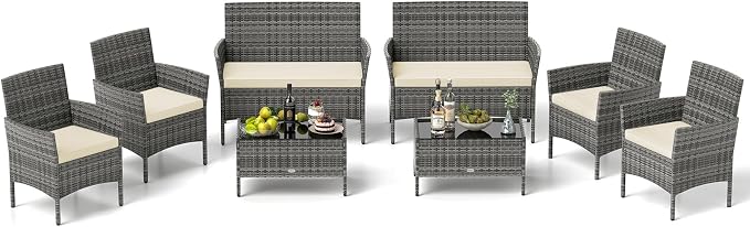 RELAX4LIFE 8-Piece Patio Furniture Set - Rattan Outdoor Conversation Bistro Set w/Cushions, Glass Coffee Table, Wicker Chairs & Loveseat for Pool Garden Backyard Porch Balcony (2, Mix Grey-Beige)