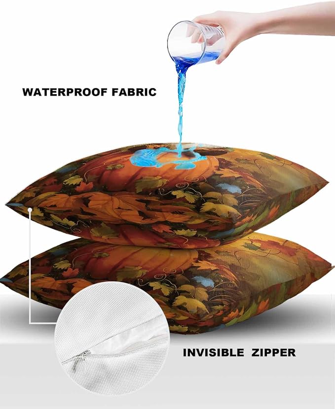 Outdoor Waterproof Throw Pillow Covers 24x24in, Fall Gnome Pumpkin Cushions for Garden Patio Furniture Chairs Set of 2, Maple Leaves Home Decor Couch Sofa Polyester Pillow Cases