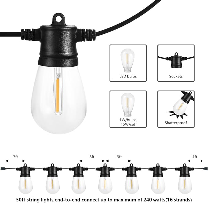 SUNTHIN Outdoor String Lights, 3 * 50FT(150FT Total) Patio Lights with 3 * 15 LED Shatterproof Bulbs for Outside, Backyard, Deck, Porch, Garden, Bistro, Cafe, Party