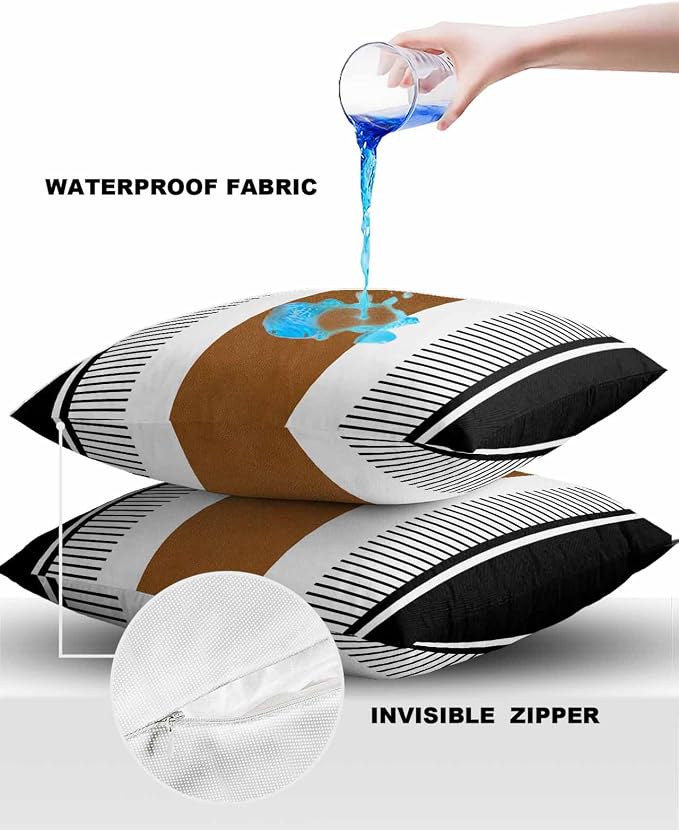 Outdoor Waterproof Throw Pillow Covers 24x24in, Farmhouse Cushions for Garden Patio Furniture Chairs Set of 2, Boho Black Brown Home Decor Couch Sofa Polyester Pillow Cases