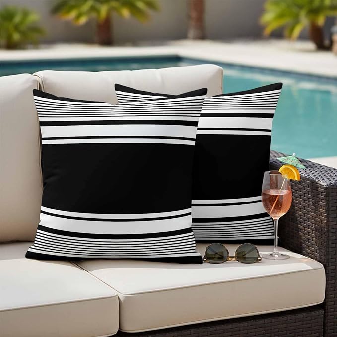 Outdoor Waterproof Throw Pillow Covers, Black Striped Decorative Pillow Cases, Modern Color Block Farmhouse Stripes Couch Pillow Protector Patio Sofa Cushion Covers Replacement 18"x18" 2 Pack