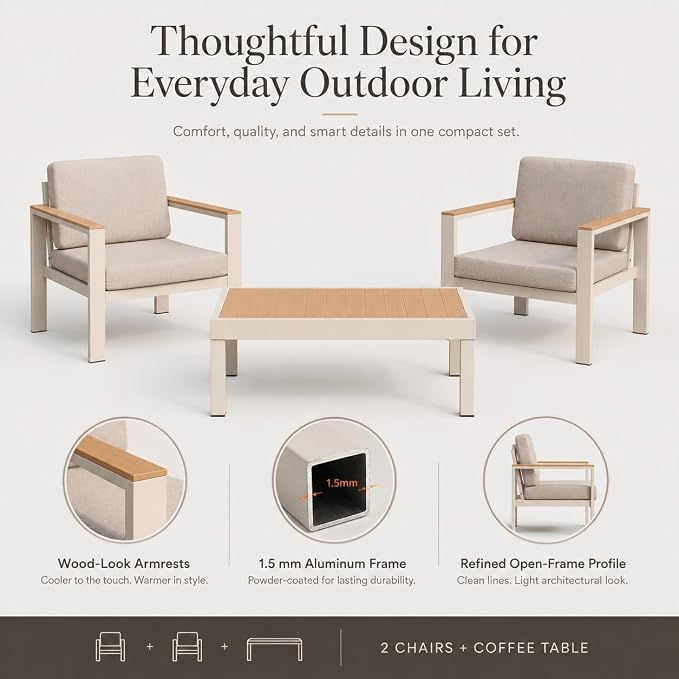 Outdoor Patio Furniture Set, 3-Piece Aluminum Conversation Set with 2 Chairs and Coffee Table, 5-Inch Water-Resistant Cushions, Powder-Coated Frame for Porch, Deck, Backyard, Beige